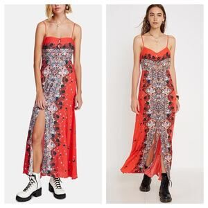 Free People Morning Song Red Floral Paisley Printed Button Lace Maxi Dress XS
